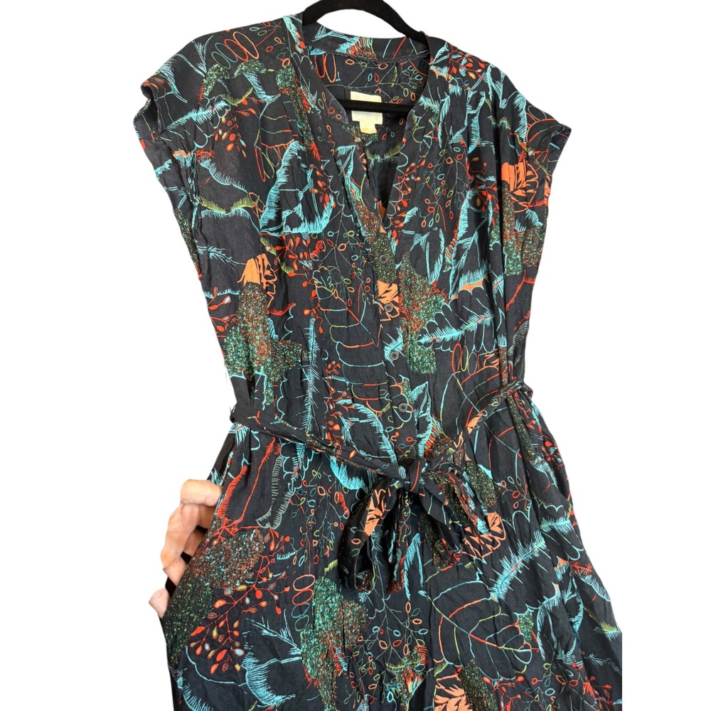 Anthropologie Maeve Tropical Botanical Print Jumpsuit Black Teal Orange Small - Picture 2 of 5